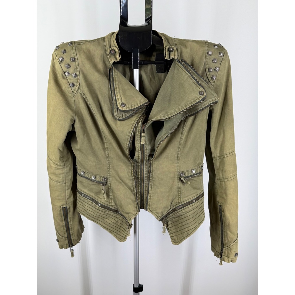 Lookbook Store Womens Olive Green Studded Moto Jacket Asymmetrical Zip Size 10